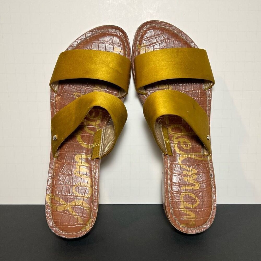 Womens SAM EDELMAN Jeni Gold Satin Block Heeled Sandals / Size 9 Medium - Picture 5 of 8